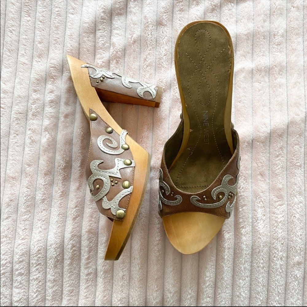 Nine West Leather Cut Out Boho Wooden Heel Sz 10